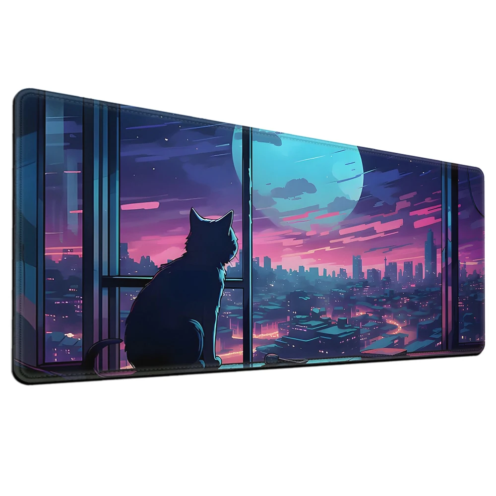 Alas Meja Ungu Alas Mouse Anime 100X50 Alas Mouse Kucing Hitam Keyboard Matt Xxl Vaporwave Neon City Cat Alas Meja Diperpanjang untuk Gamer