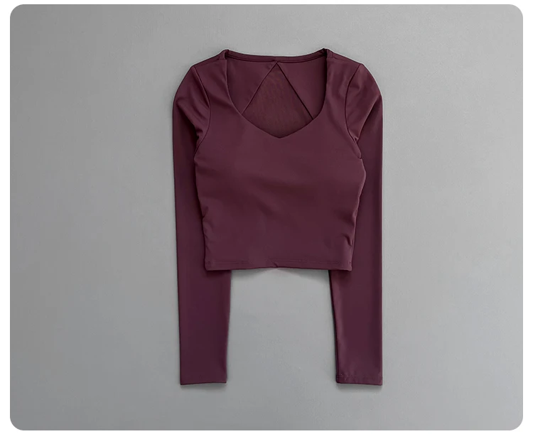 Women Deep V Mesh Back Cutout Crop Long Sleeve Yoga Top Slim Quick Dry Breathable Running Fitness Sports Tee