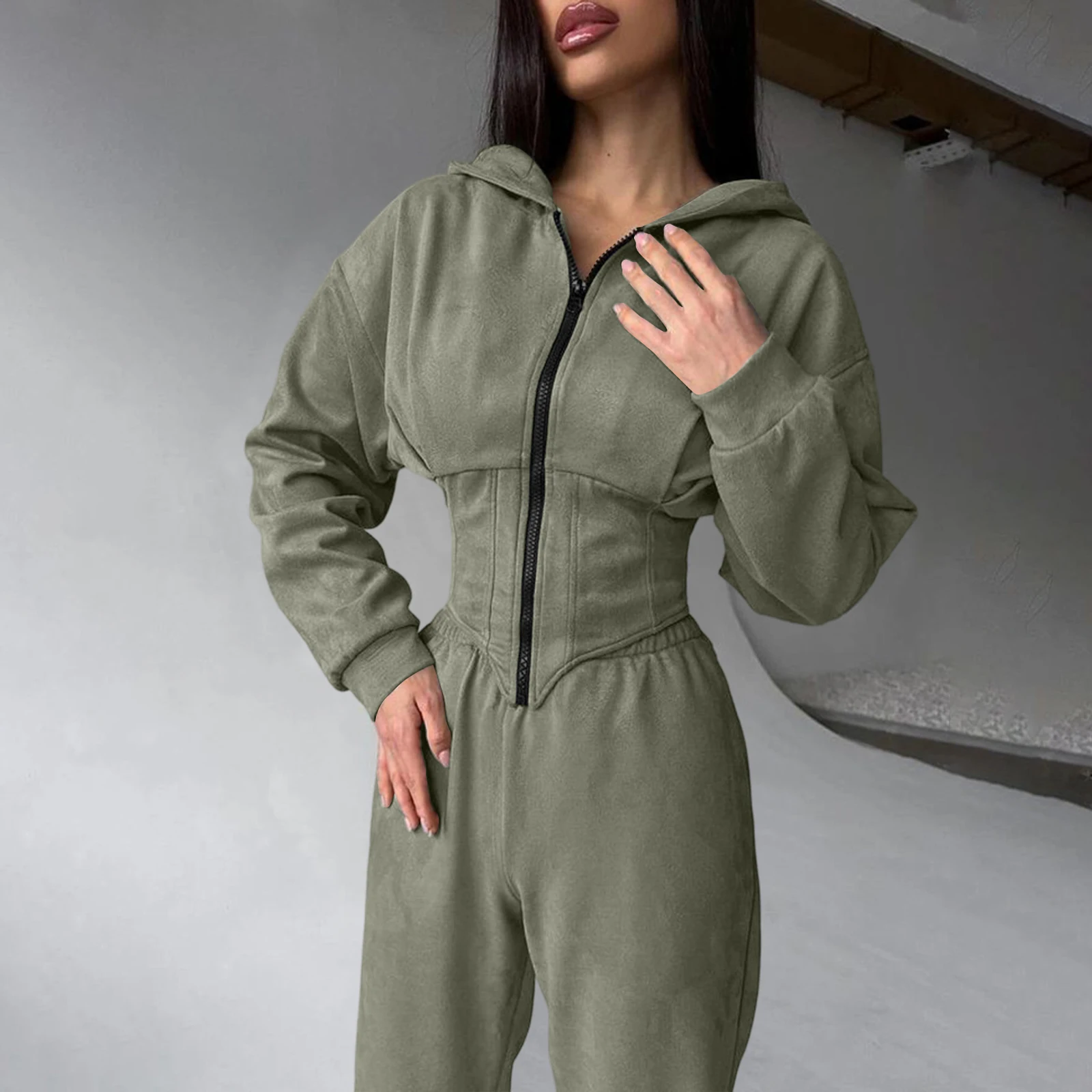 Women Solid Color Waist-cinching Hooded Sweatshirt Long Pants Set Ladies Autumn Winter Sporty Casual Hoodie Two-Piece Outfit