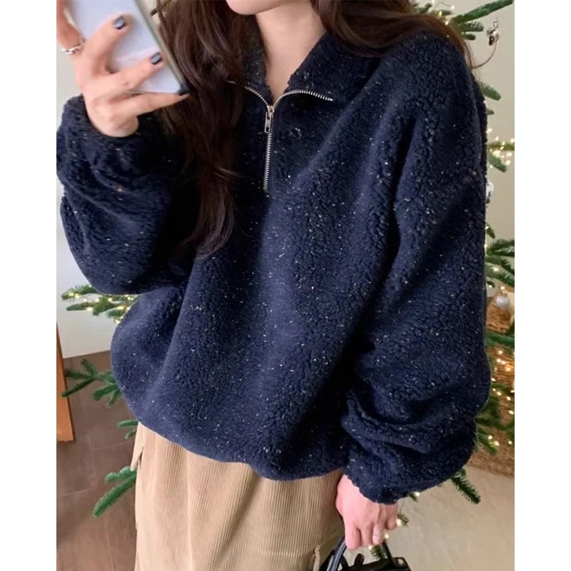 Chic Autumn Winter Sweet Anti-Aging Lapel Half Zip Mixed Color Loose Long Sleeve Lamb Fur Sweatshirt Korean Style Commute