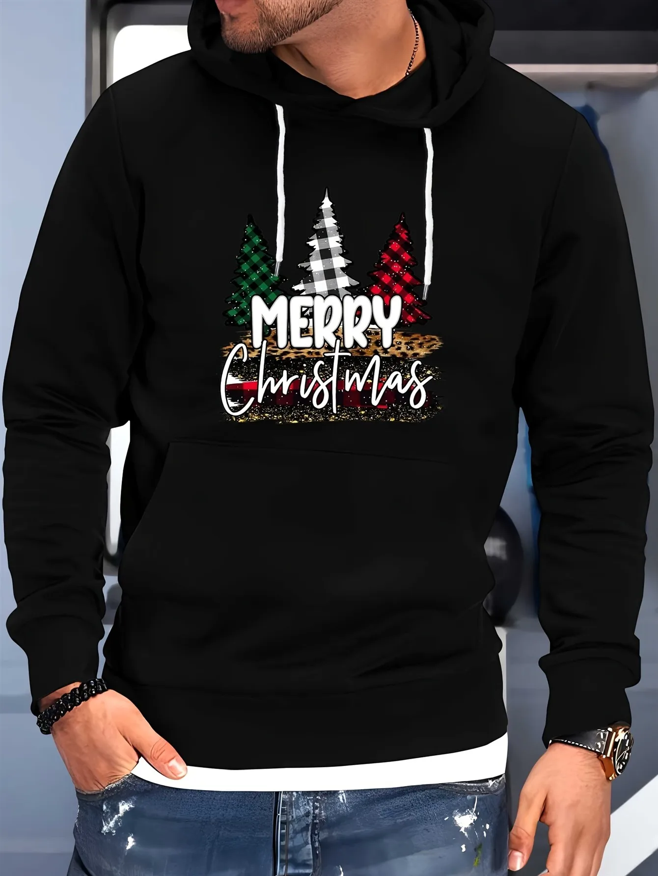 

Plus Size Men's Happy Christmas Tree Print Hoodie Fashion Casual Hooded Sweater Fall/Winter, Men's