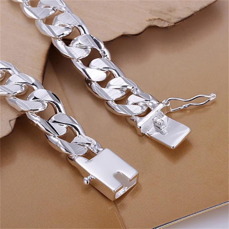 New High-end Women\'s Mens Fine 925 sterling Silver Bracelet Fashion Jewelry Gift Men\'s 10MM Square Beautiful