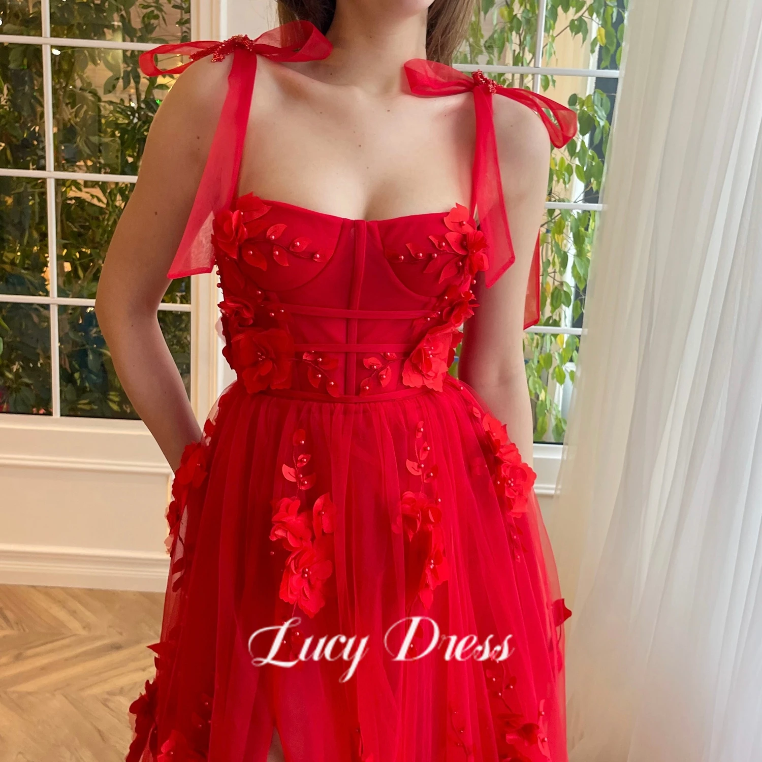 

Lucy Red Tulle Prom Gowns For Women 3d Flower Spaghetti Strap Long Evening Dresses Prom Party Bridesmaid Gowns 2023