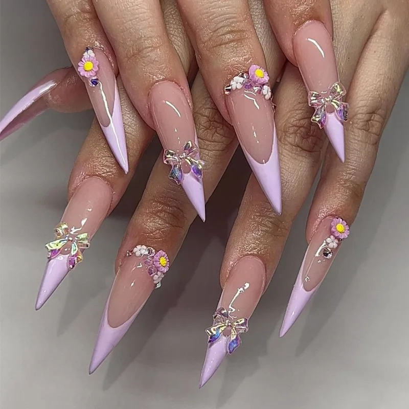 

24 Pcs French Purple Nail Tips 3D Bow Summer press on Nails Summer Stiletto Fake Nails Removable Artificial Nails for Sticking