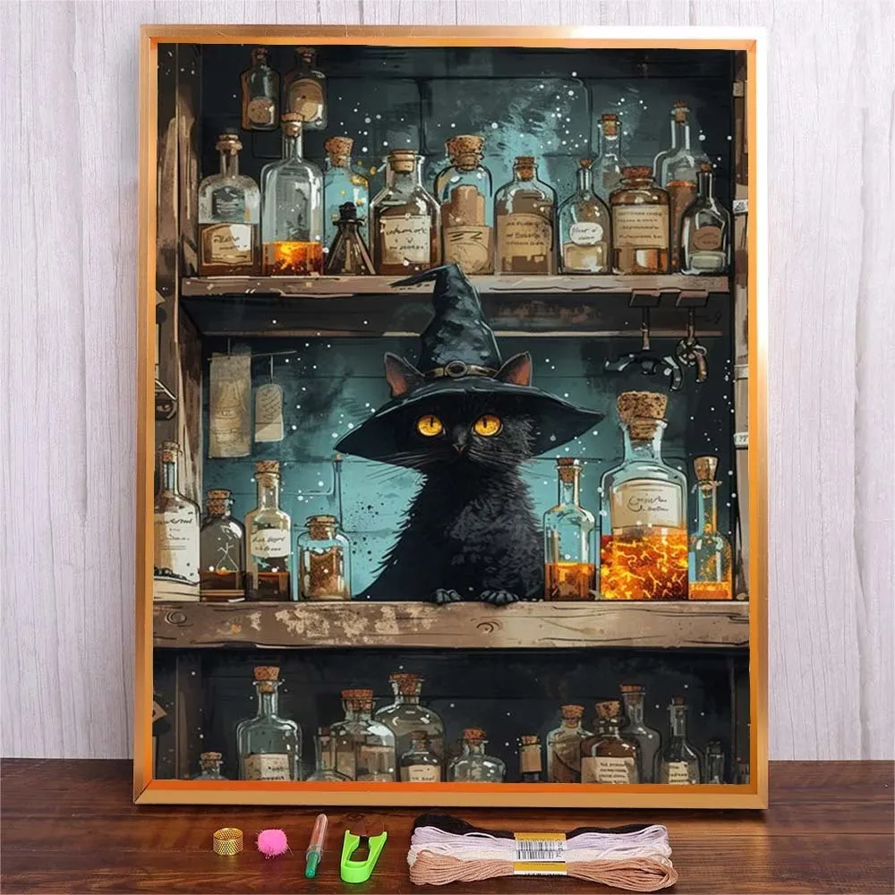 

Full DIY Kit Embroidered Halloween Cartoon Cat Pattern Hanging Paintings, Handmade Needlework Live Crafts Printed Embroidery
