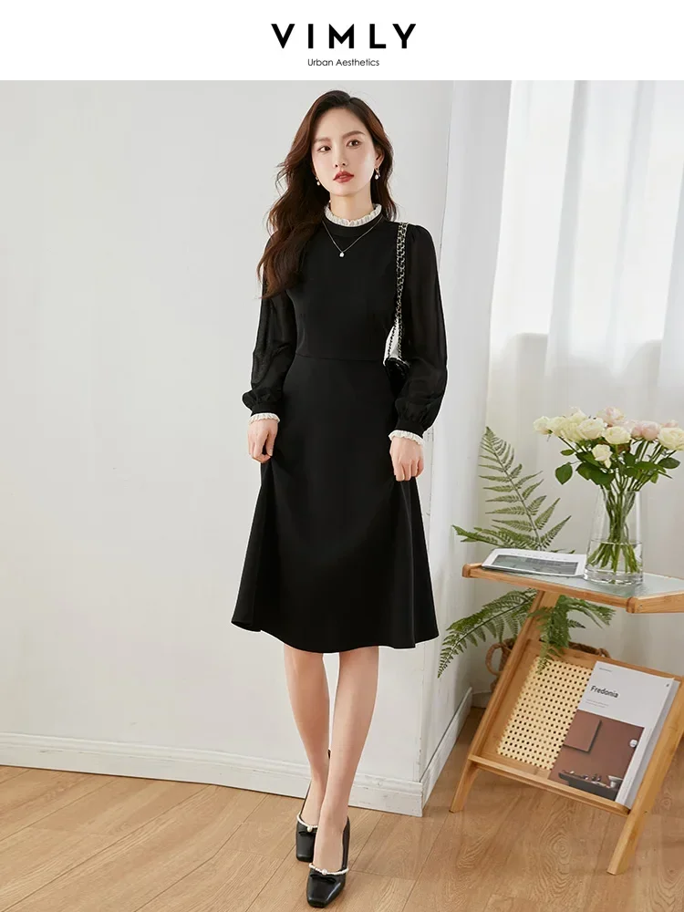 Vimly Elegant Black Dresses for Women 2023 Autumn Korean Style Fashion Simple Ruffles Chiffon Long Sleeve Dress Women\'s Clothing