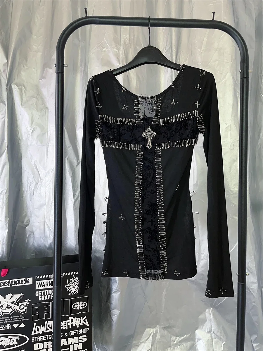 Gothic T Shirt Women Mesh Patchwork Punk Subculture Y2K Long Sleeve Cross Pin Hollow Out Slim Fit Round Neck Bottoming Shirt