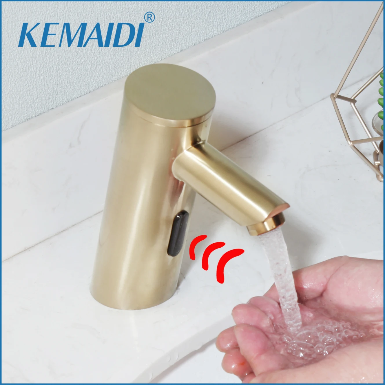 

KEMAIDI Bathroom Sink Faucet Brush Gold Hot Cold Mixer Automatic Hand Touch Tap Brass Deck Mounted Free Sensor Faucets