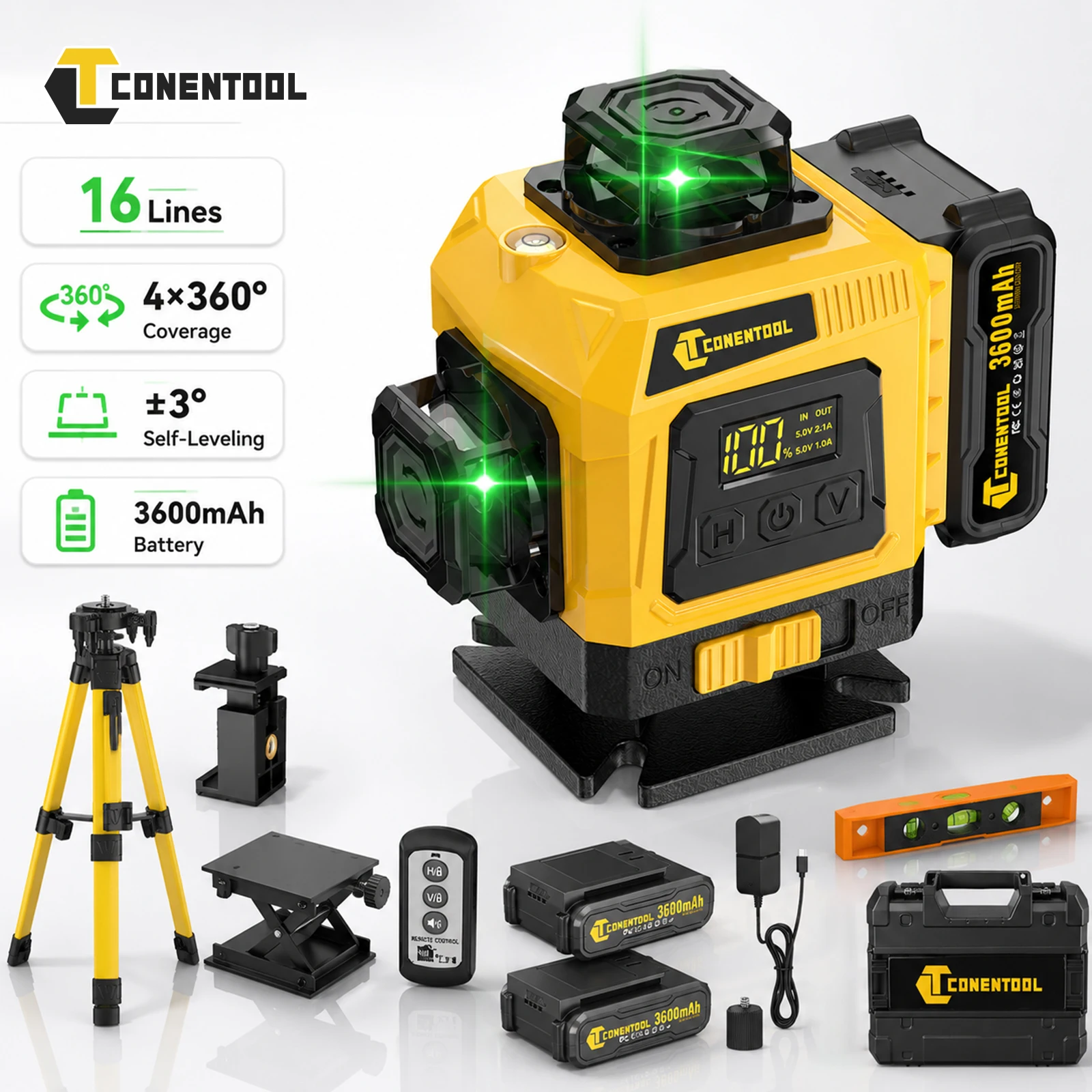 CONENTOOL Niveau laser vert 16 lignes 4x360 °   Outil laser auto-nivelant avec trépied et télécommande, faisceau vert 535 nm pour la construction de carrelage et de plafonds
