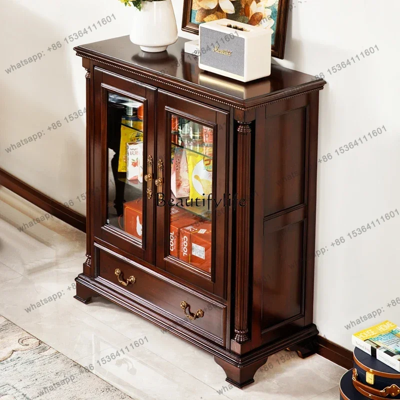 FG Best Seller American Country Living Room Cherry Wood Wine Cabinet All Solid Wood Tempered Glass Door Locker