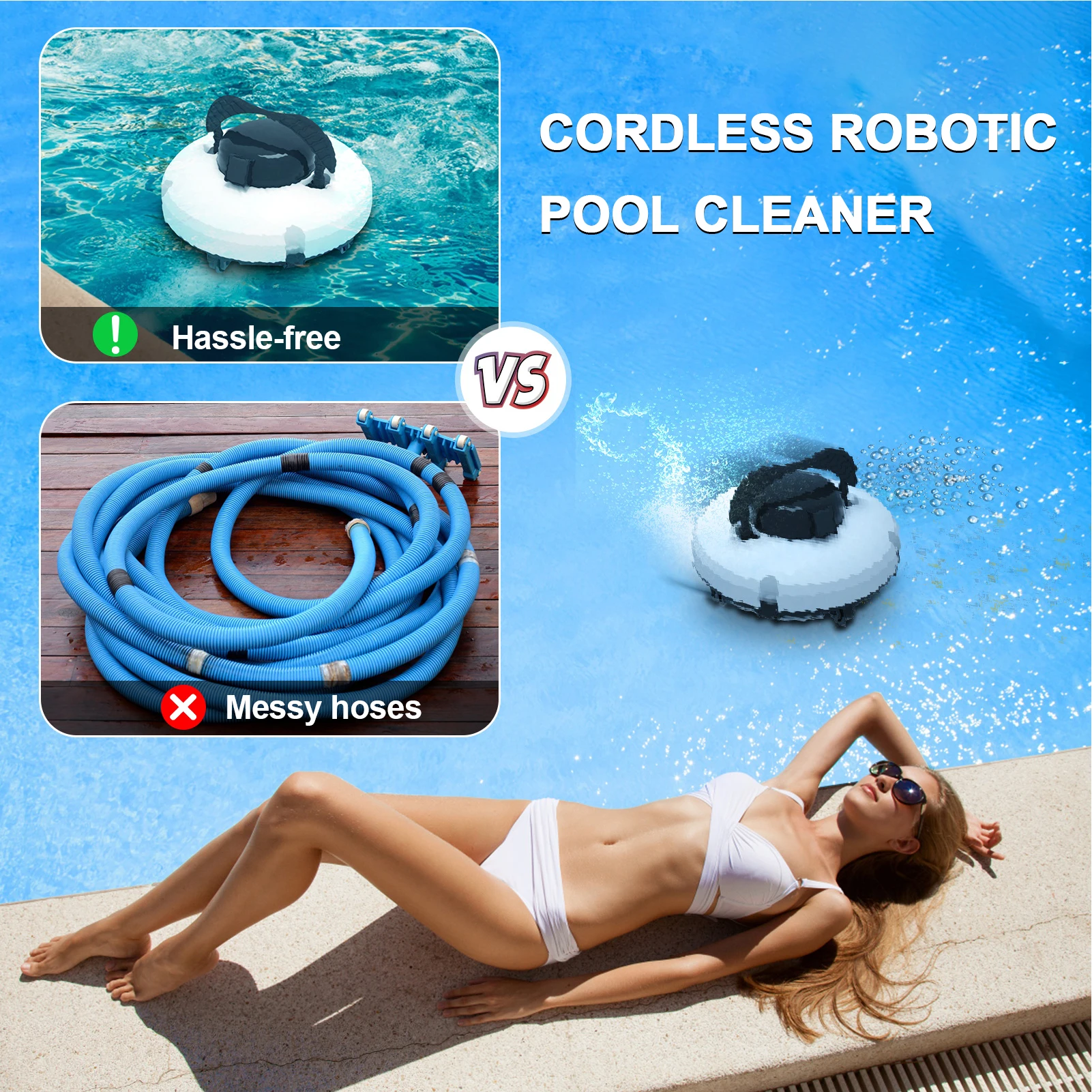 Swimming Pool Cleaner Robot Automatic Pool Vacuum Cleaner w/ Dual Motors Self Parking 5200mAh Battery Cordless Electric Brushes