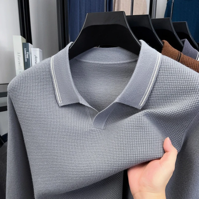 

Men's Wool-Blend Knit Polo Sweater - Light Gray Waffle Texture 4.8% Cashmere Vintage Business Casual Style Old Money