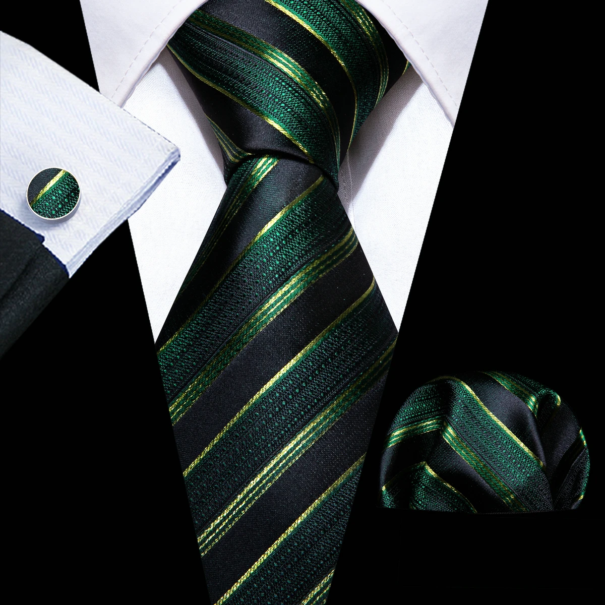 

Luxury Silk Men Tie Set Green Black Striped Necktie Pocket Square Cufflinks Wedding Busienss Gift Jacquard Barry. Wang 6211