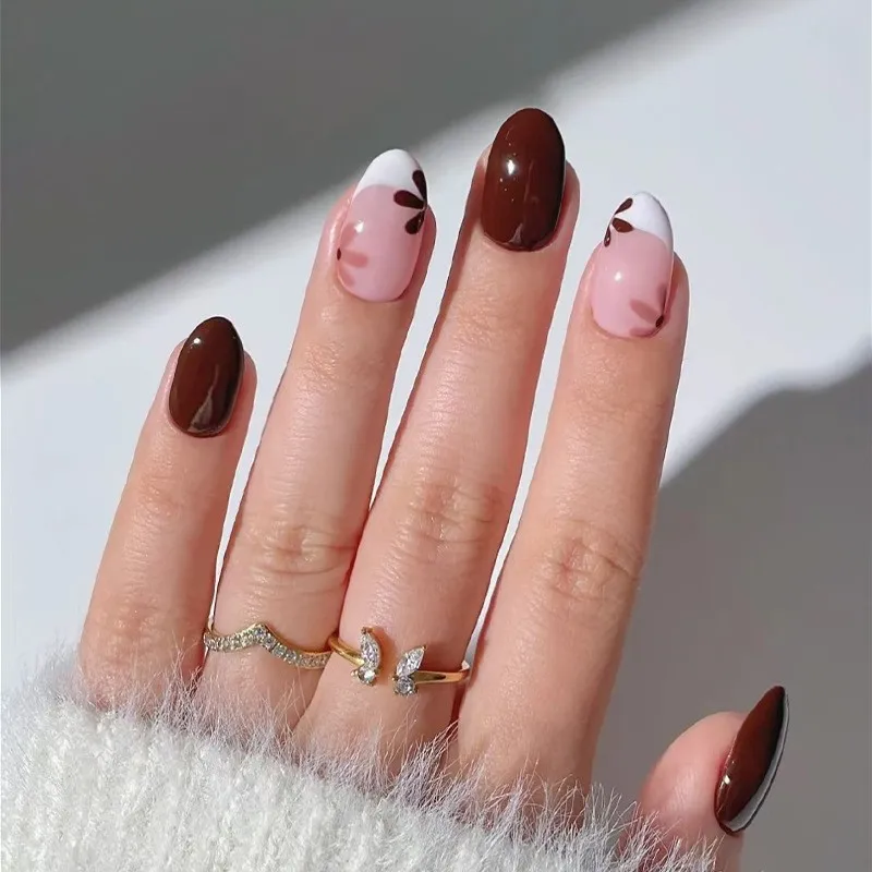 Press On Nails Chocolate Colored Almond Nail Plates Flower Petals Creative Personality Fake Nail Trend