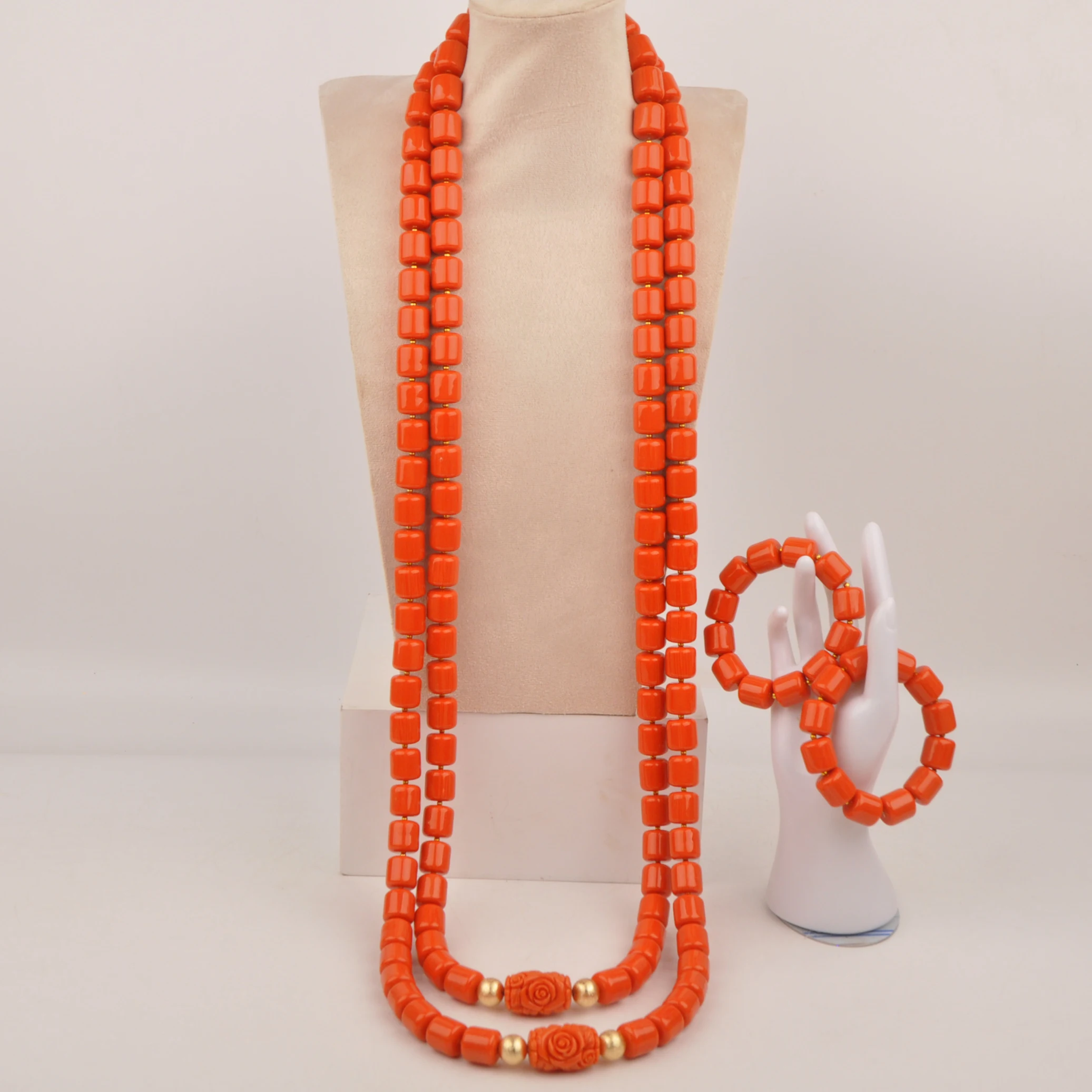 Fashion African Jewelry Set 50inches Orange Artificial Coral Bead Men Jewelry Set