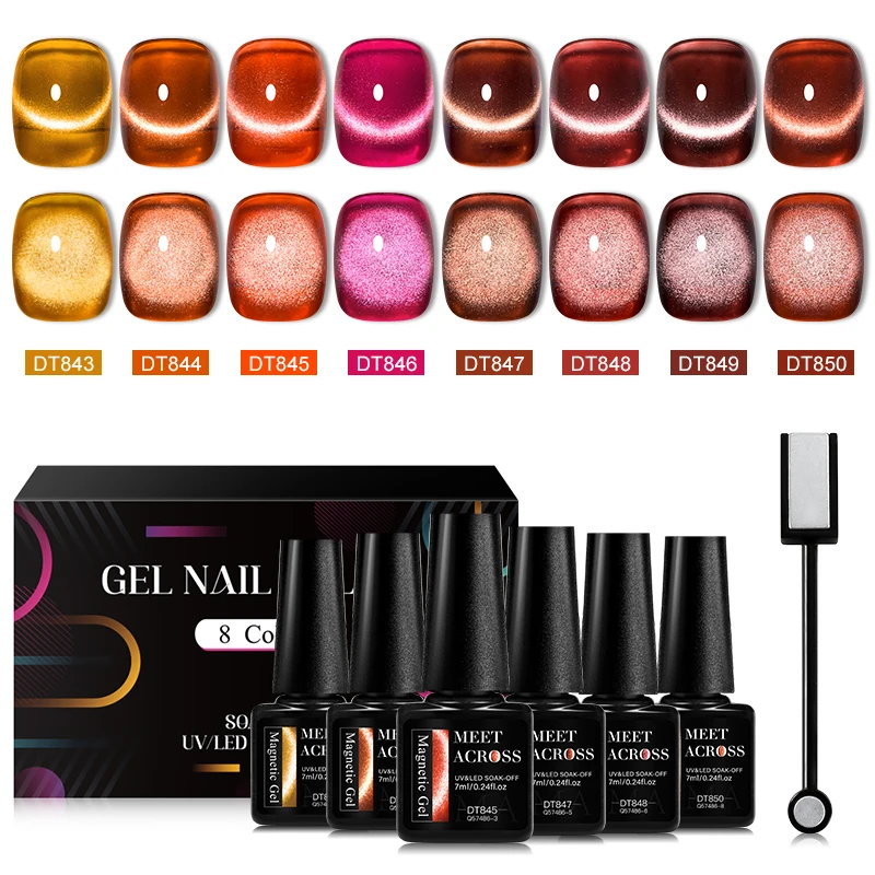 MEET ACROSS 8 Teile/satz Magische Katze Magnetische Gel Polnisch Mit Magnetische Stick Meer Blau Nail art Gel Lack Maniküre Set für Nägel