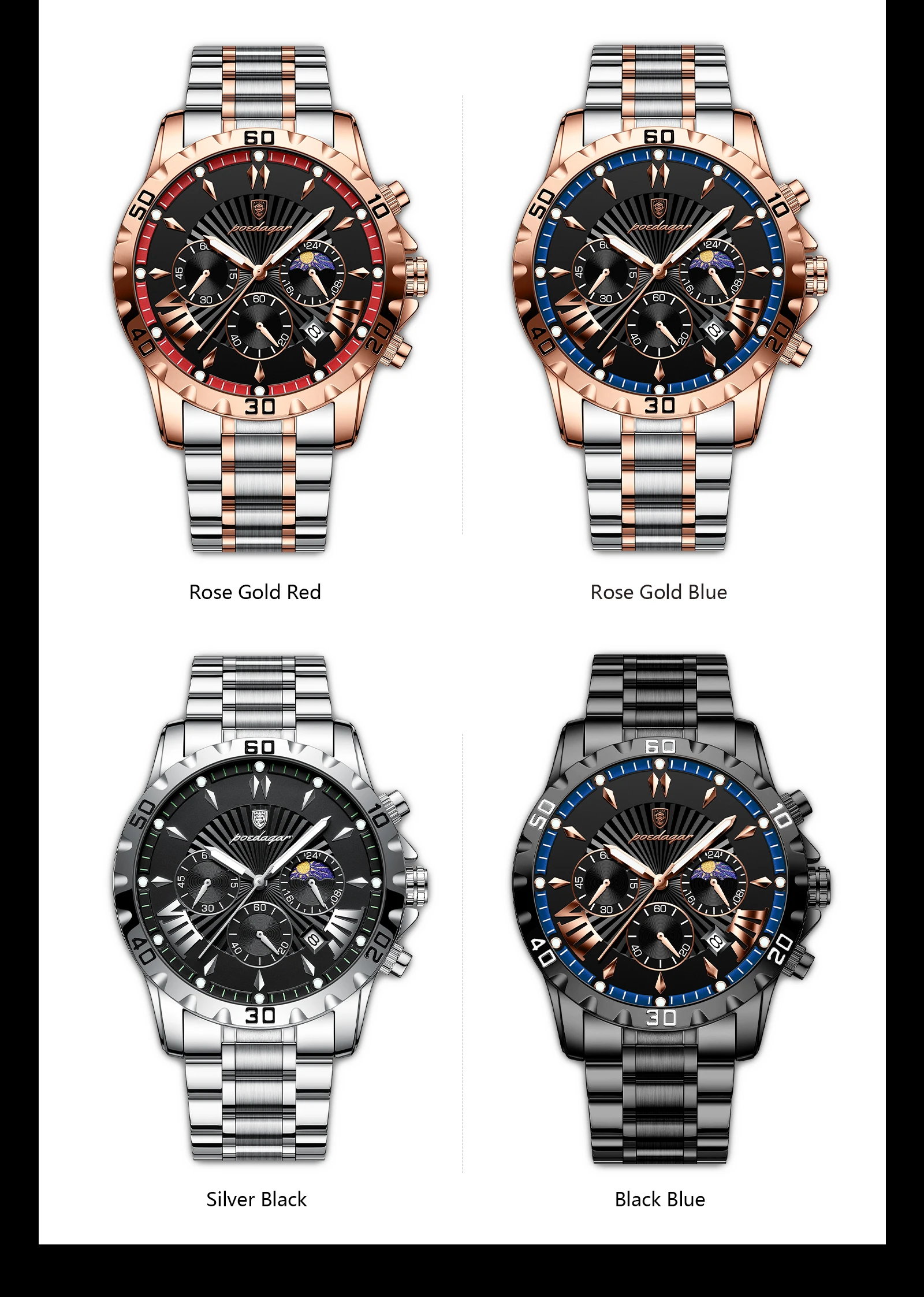 POEDAGAR Top-Luxus-Herrenuhr, Leuchtend, Wasserdicht, Edelstahl, Quarz, Chronograph, Datum, Militäruhr für Herren – Detail 10