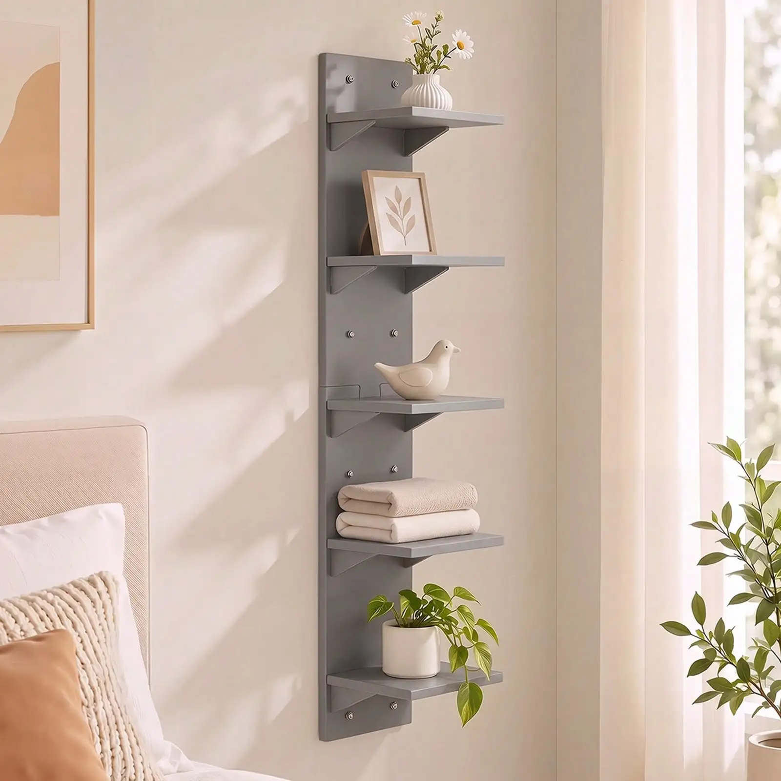 Modern minimalist 5-tier PVC wall-mounted shelf; drill-free installation; suitable for bedrooms and living rooms.