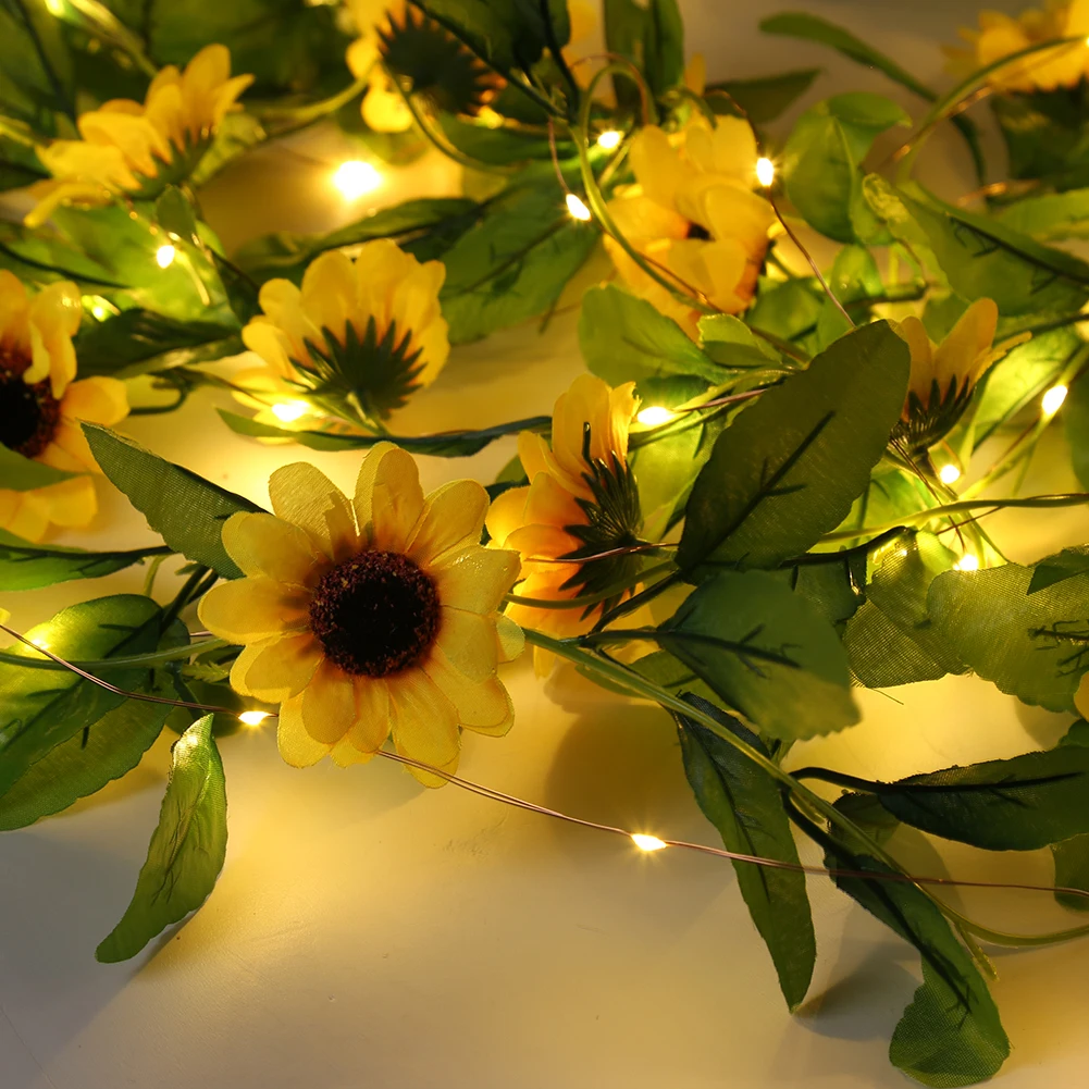 2/5/10m Solar LED Sunflower Leaf Fairy Light Strings Outdoor Garland Decoration Window Door Pendant Wedding Festival Party Decor