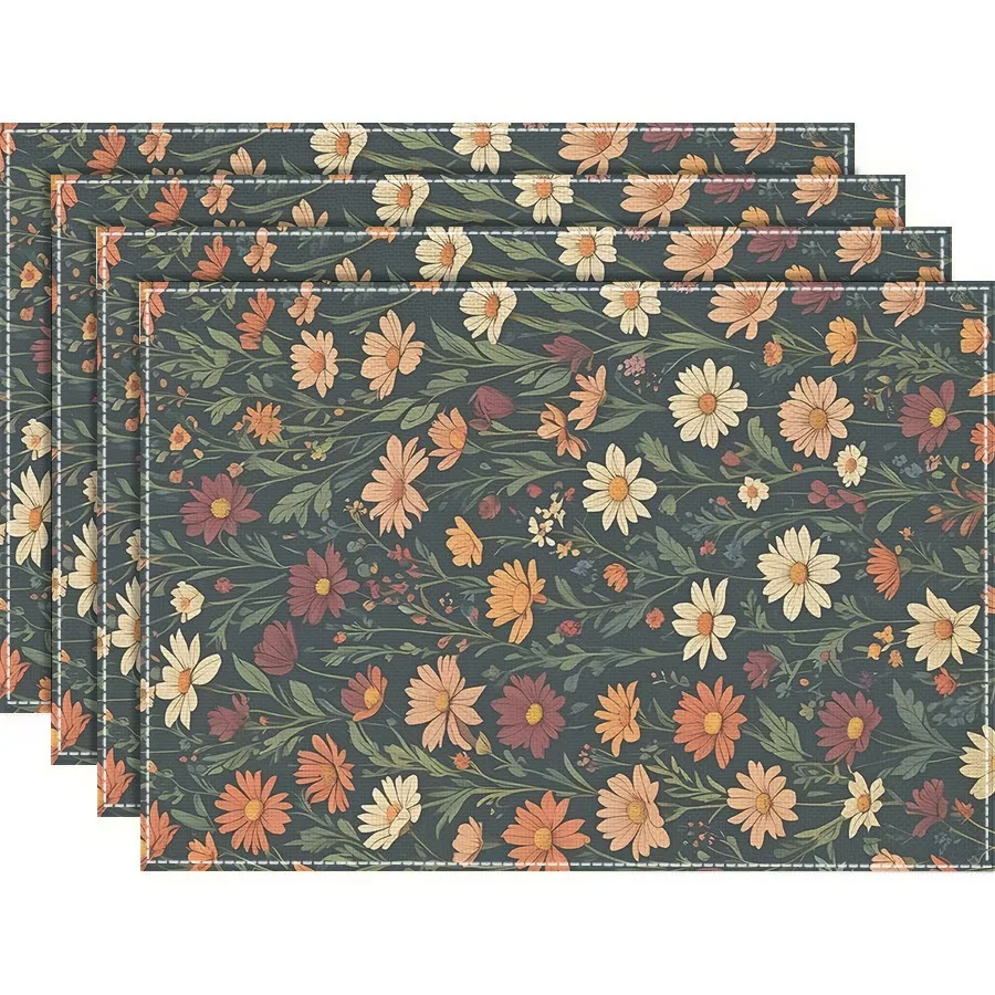 4/6/8pc Rustic Farmhouse Linen Placemats Beautiful Dark Daisy Flower Herb Pattern Table Mats Washable Kitchen Dining Place Mats