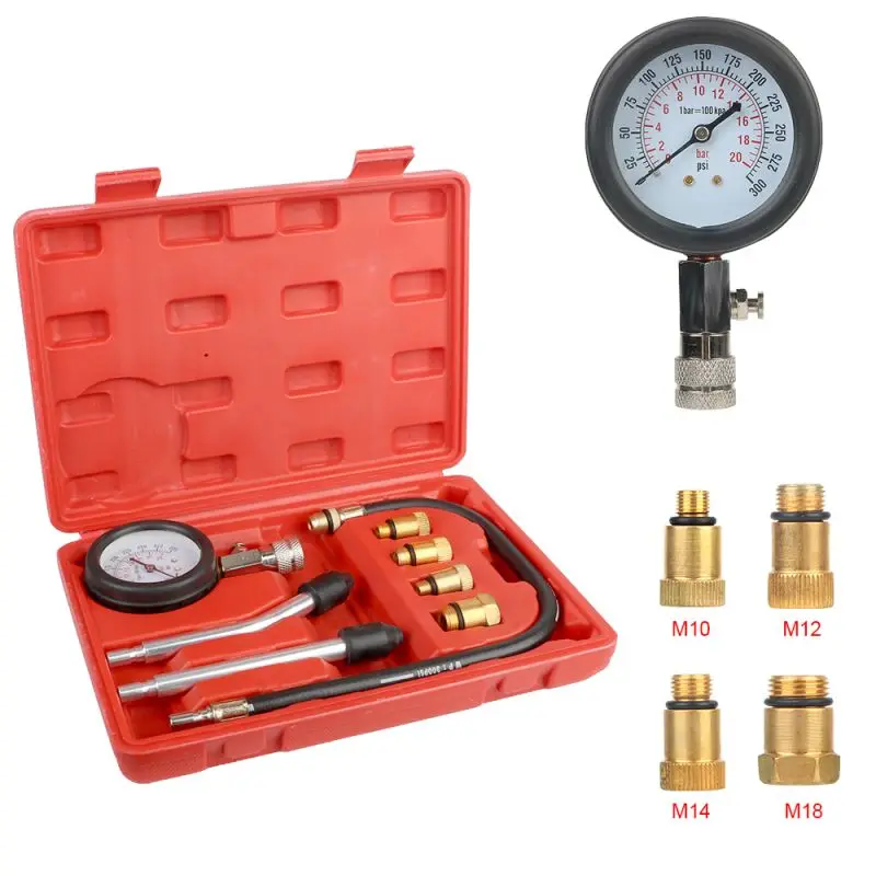 Car Engine Compression Tester Kit 0-300 PSI With 4 Copper Adapter Pressure Gauge Fuel Test Tools Kit