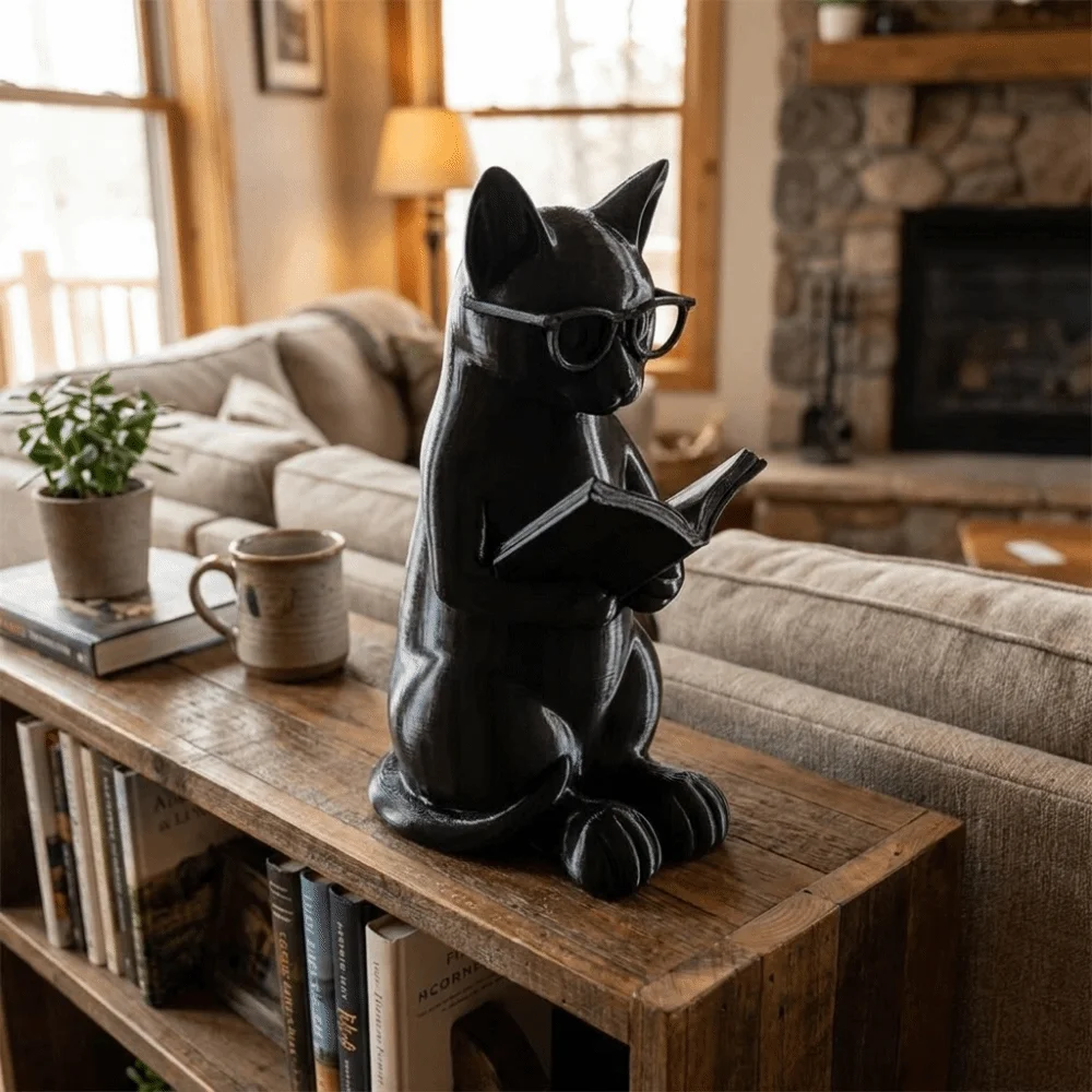 Cute 3D Printed Reading Cat Figurine Artistic Intellectual Glasses Cat Statue Plastic Desktop Statue Bookshelf Decor