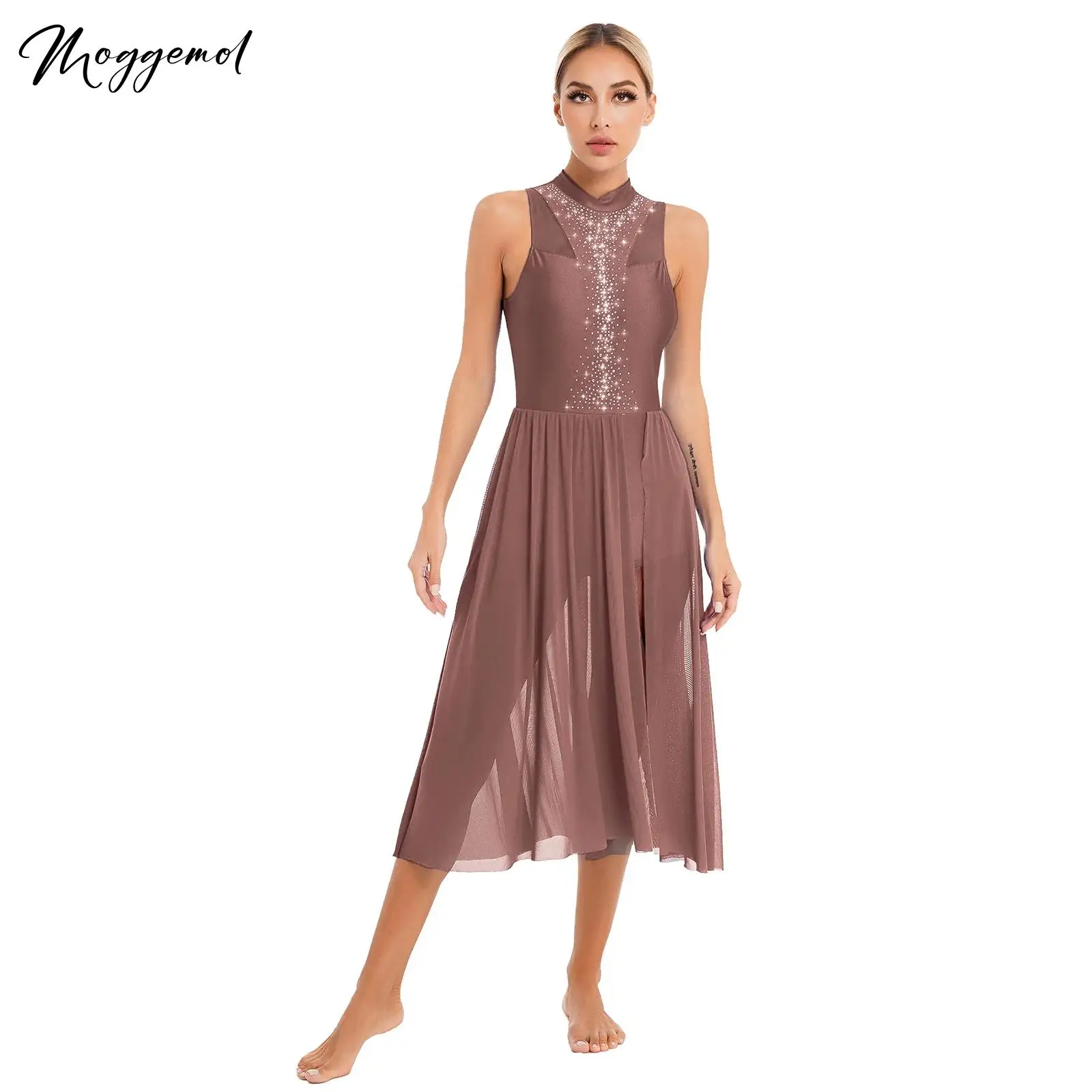 Womens Gymmatics Modern Contemporary Ballet Dance Dress Sparkly Rhinestone Back Keyhole Side Split Lyrical Figure Skating Dress