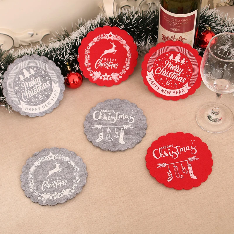 3Pcs Christmas Felt Coasters Anti-slip Round Placemat Bowl Mats Cups Pads For Xmas New Year Party Decoration Supplies