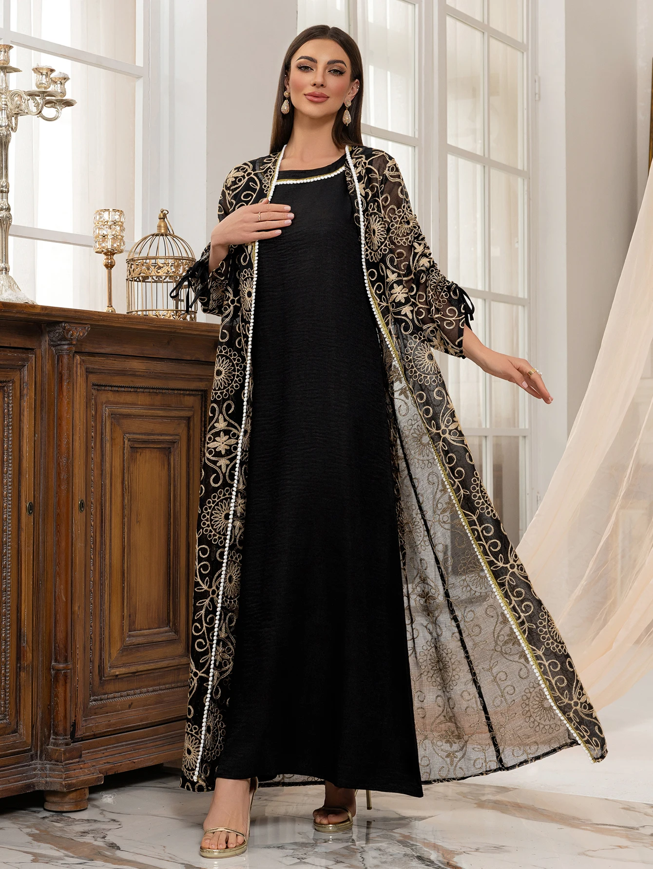 Dubai Women Muslim 2 Piece Abaya Black with Golden Intricate Patterns Bow - tied Sleeves Beaded Trim for UAE Saudi Arabia Qatar