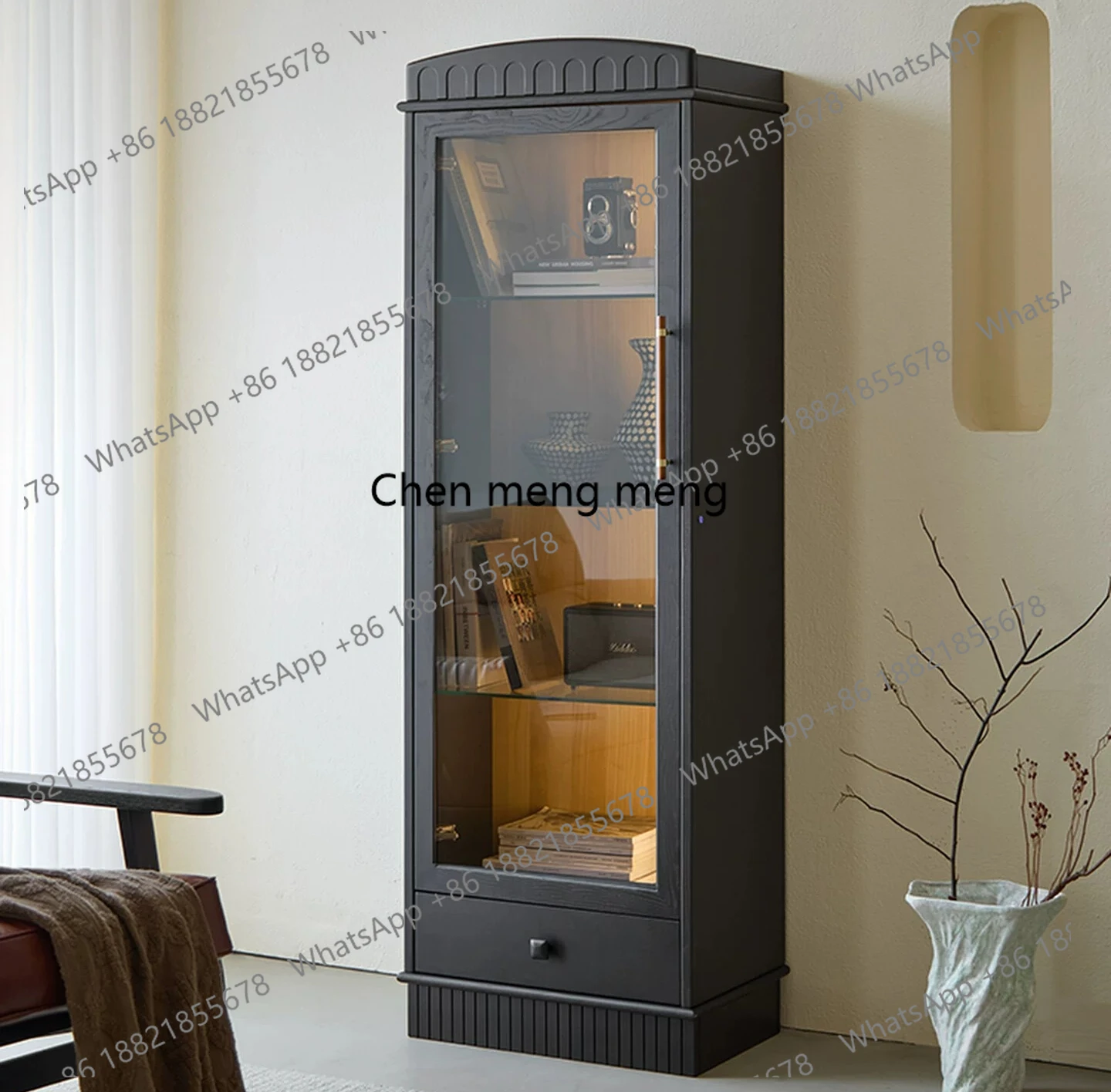 

Solid wood floor-to-ceiling locker integrated storage living room home wall black wine cabinet