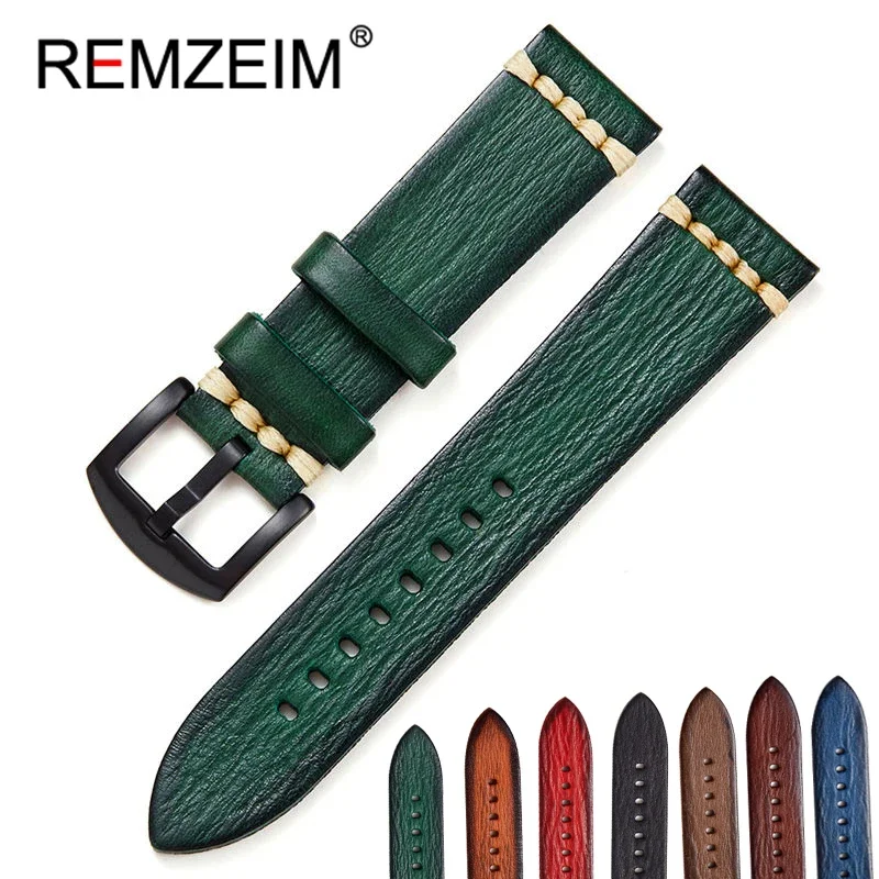 REMZEIM 18mm 20mm 22mm 24mm Handmade High Quality Leather Watch Strap Vintage Vegetable Tanned Leather Watch Band Watch Band