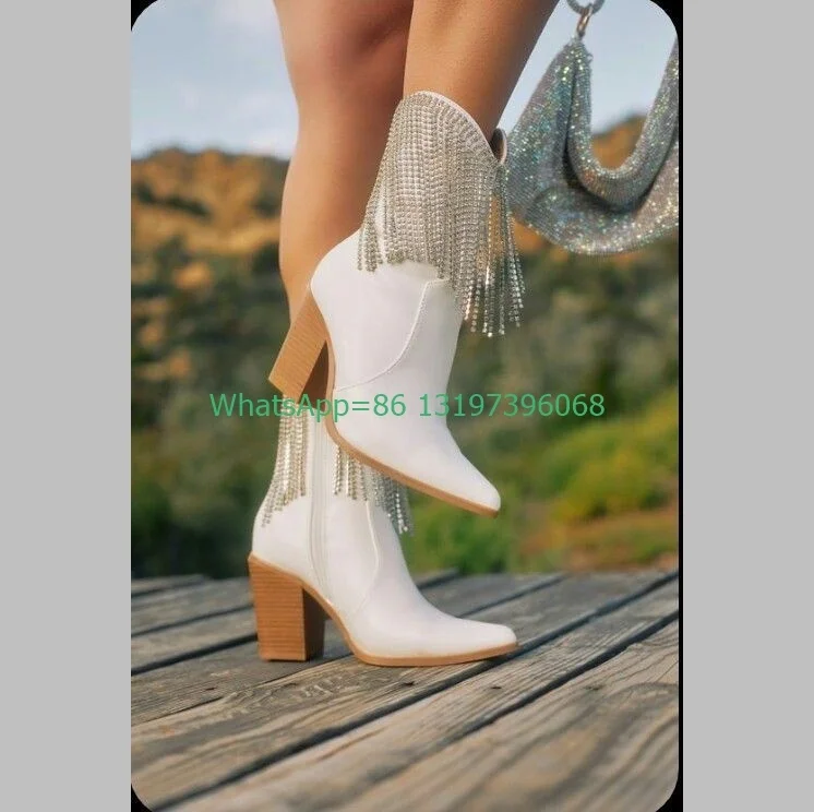 Lady sequins rhinestone chian cowboy ankle boots white PU pointed toe chunky heel new arrive punk style cowboy boots size 35-46