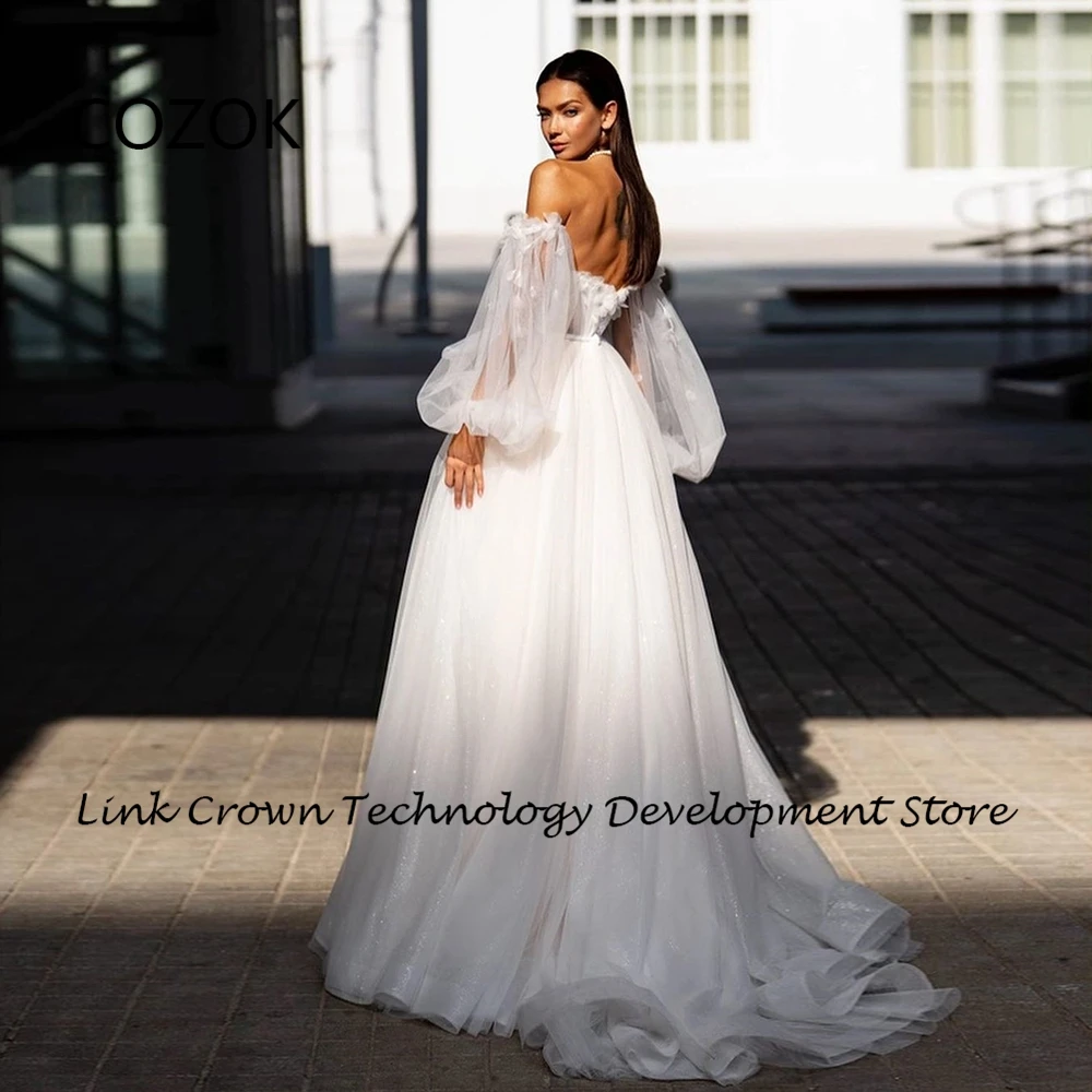 COZOK Strapless Wedding Dresses for Women Side Slit Soft Tulle Full Sleeve Bridal Gowns with Applique 2024 Vestidos De Novia