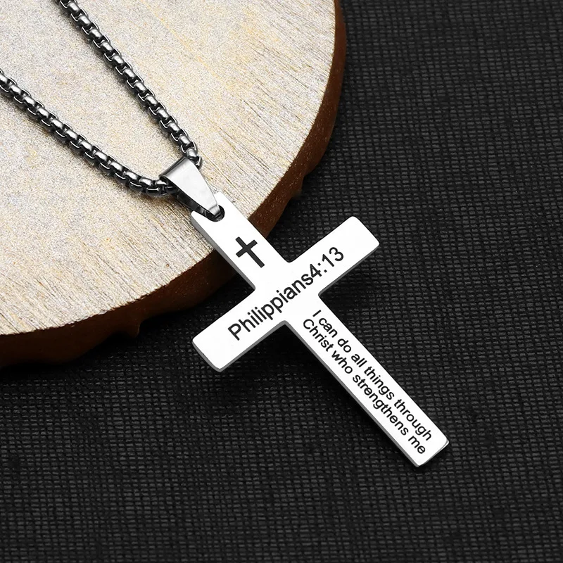 Stainless Steel Philippians 4:13 Men\'s Simple Cross Pendant Necklace Religious Talisman Jewelry Men and Women
