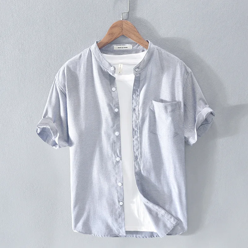 Men's Oxford Spinning Pure Cotton Short Sleeve Shirt Simple Stand Collar Cotton