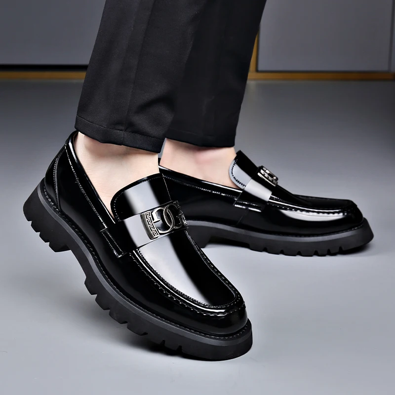 Lacquer Leather Soft Soled Bean Shoes Genuine Large Size 46 Men's Leather High-end Feeling Glossy Surface One Foot Pedal Loafers