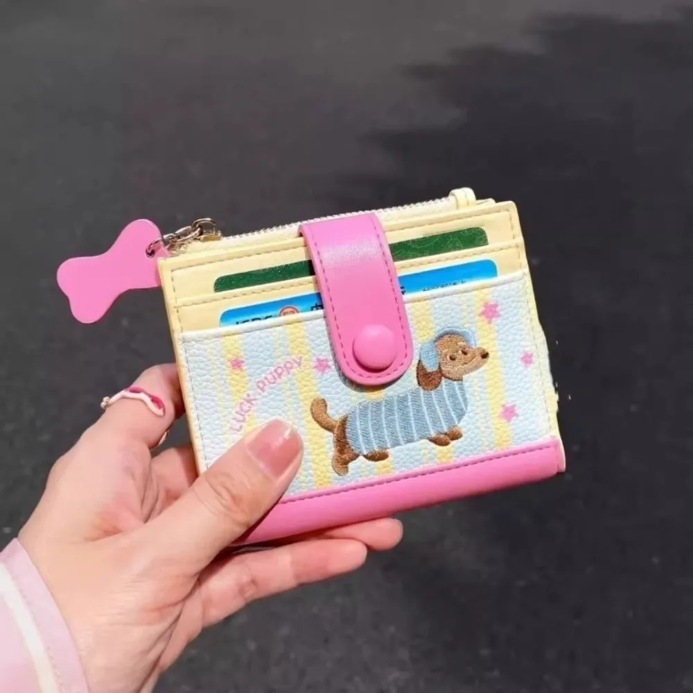 Cartera corta con bordado de perro salchicha Ins, monedero con cremallera de perro de dibujos animados, Color dopamina, bolso de artículos pequeños de PU para mujer y niña