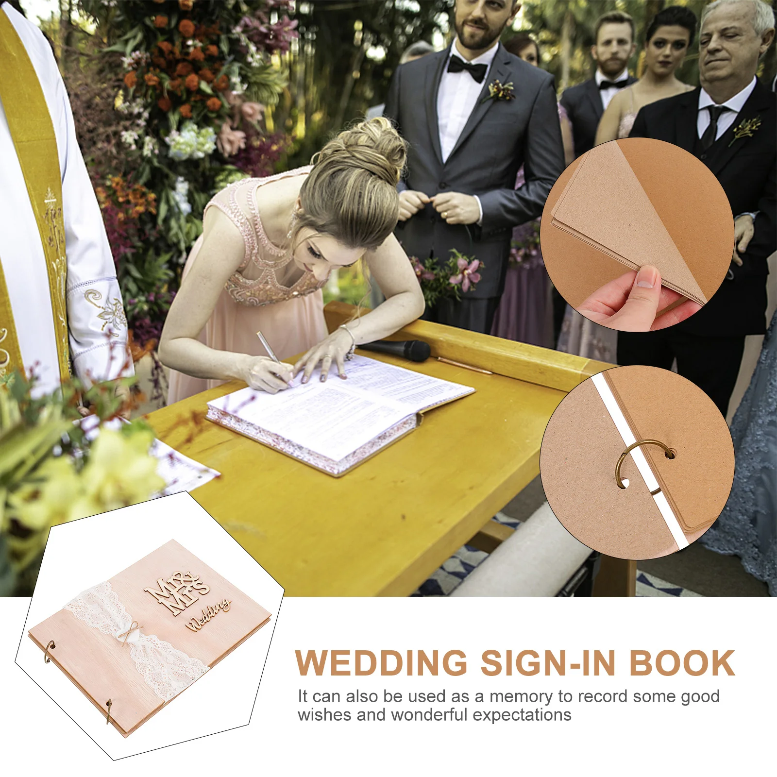 

40 Sheets Vintage Wooden Guest Book Wedding Signature Album Romantic Message Notebook For Ceremony Reception Anniversary Party