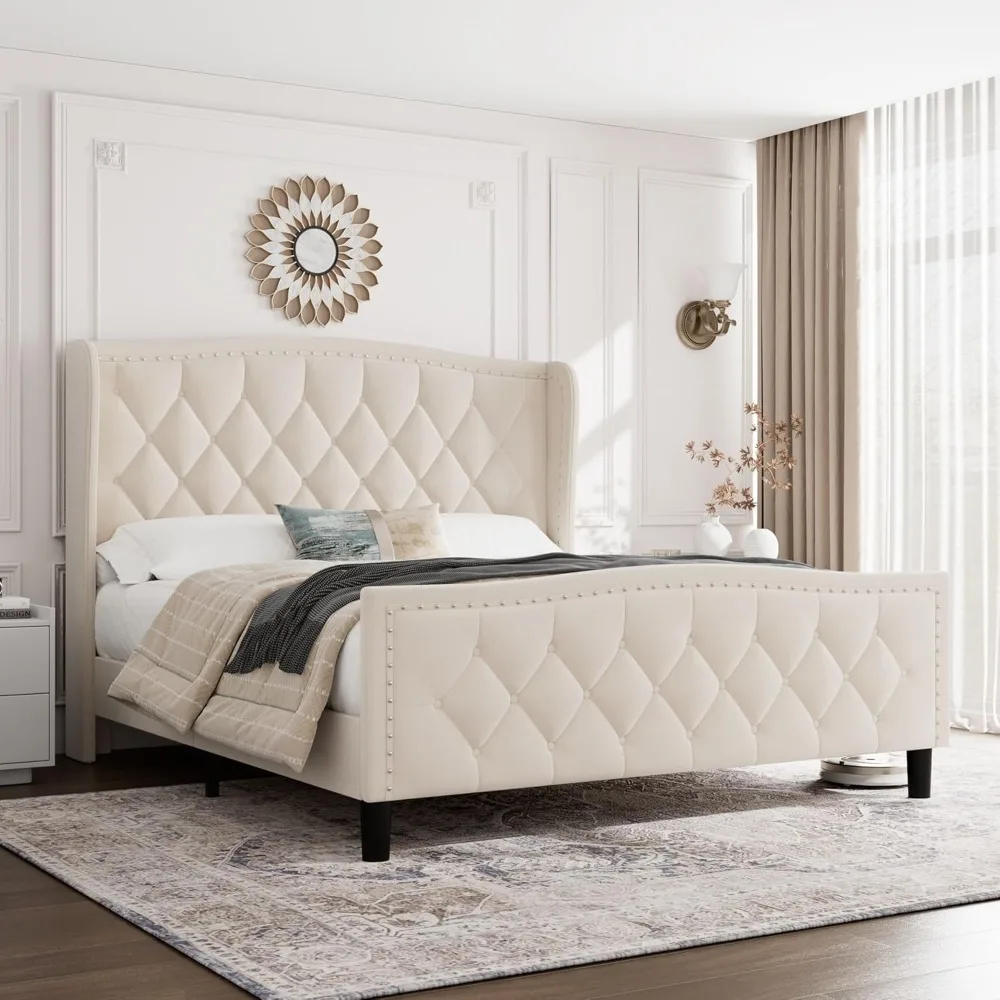 

Queen Bed Frame，Velvet Upholstered Queen Size Platform Bed with Wing Side Headboard, Wooden Slat Support, No Box Spri