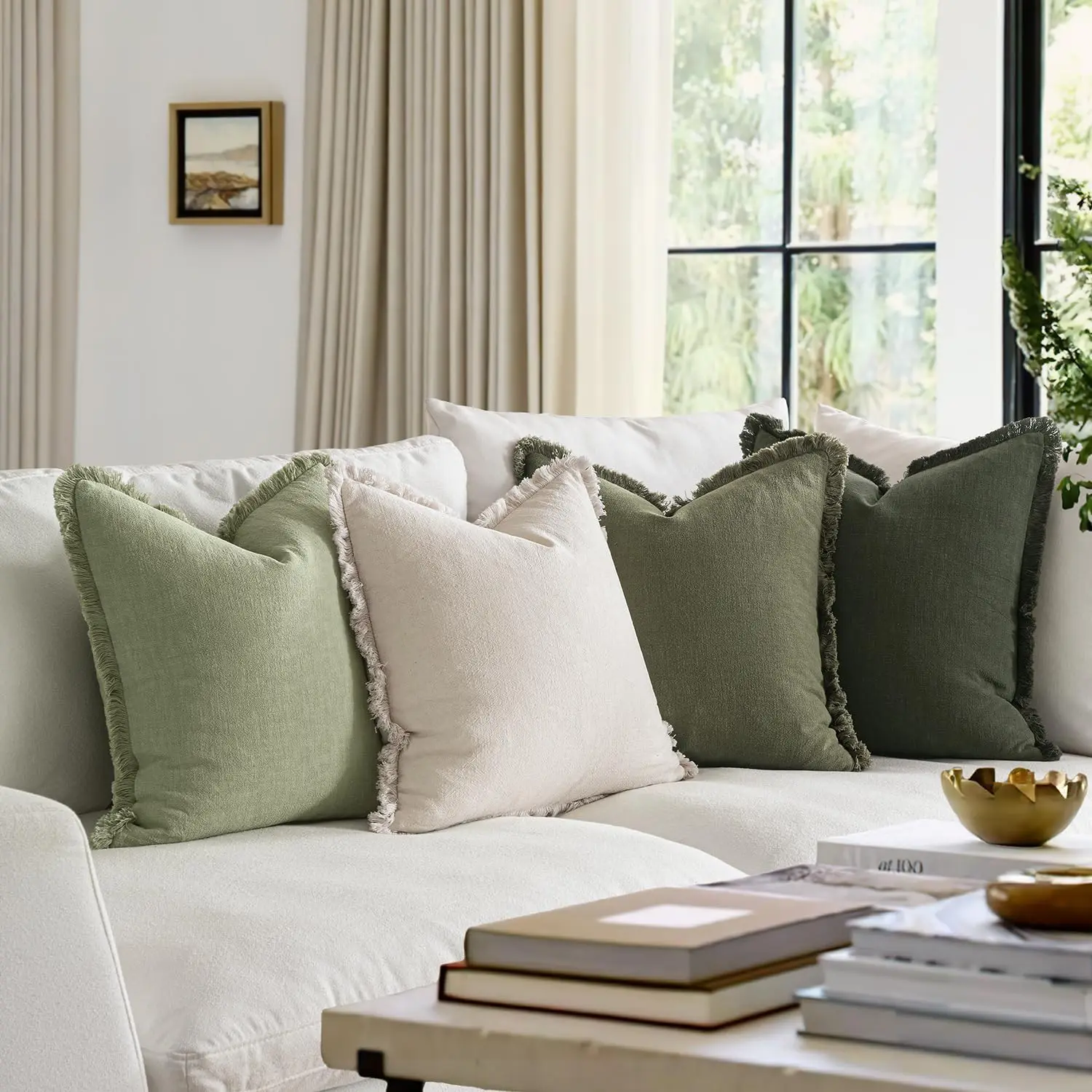Decorative Couch Pillow Covers Neutral Linen Fringe Throw Pillows Boho Accent Cushion for Bed Sofa Living Room Spring Home Decor