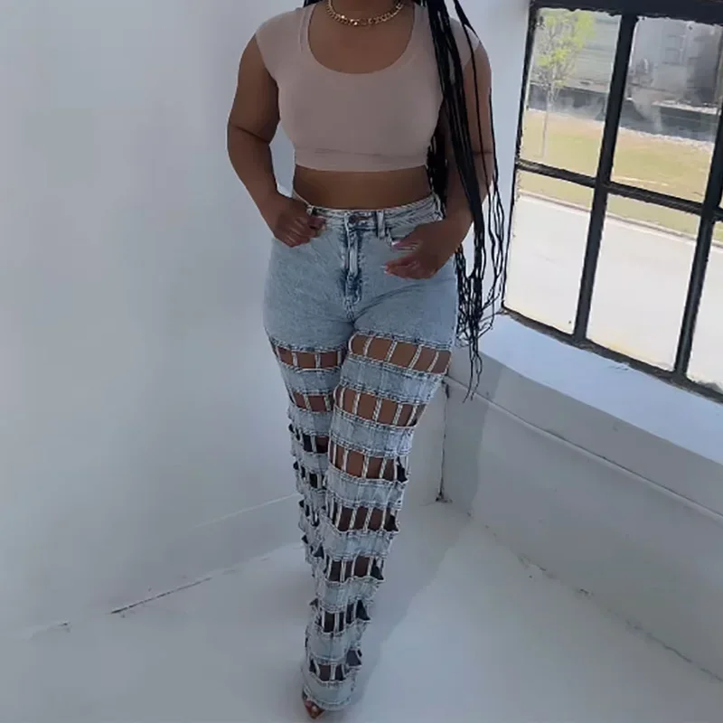 

Sexy Cut Out Straight Leg Jeans Women's Club Party Streetwear Fashion High-waisted Ladies Denim Trousers New