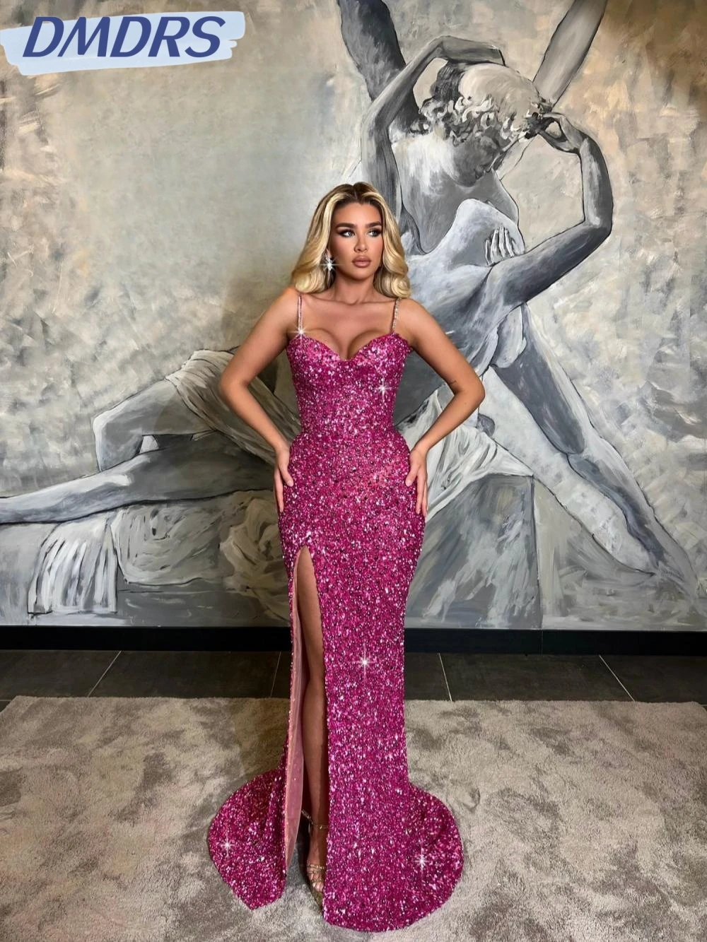 

Purple Exquisite Pearls Long Evening Dress Sexy Thin Straps High Slit Wedding Party Gown Customized Mermaid Long Prom Dresses