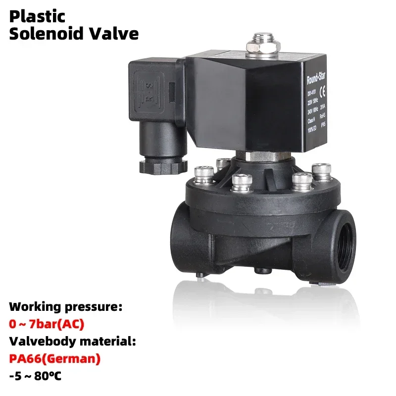 Water Pipe Line-solenoid Valve Pneumatic Components PA66 Material 7bar Direct Acting Type DN15 20 25 G Thread 1/2 220V 24V