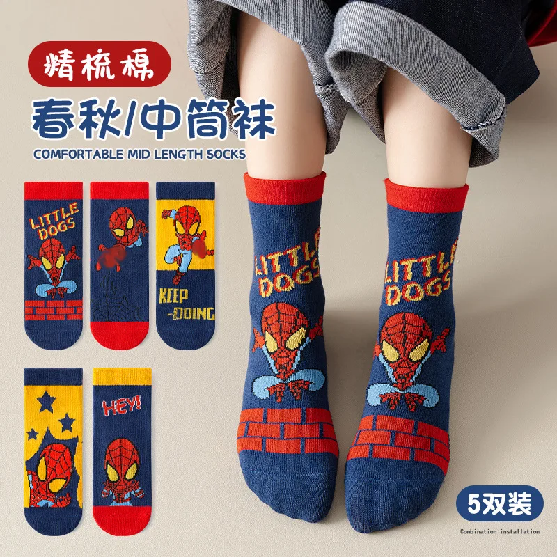 5 Pairs New Cartoon Marvel Spider-Man Print Socks Cartoon Kawaii Children's Middle Tube Cotton Socks Kid Socks Girls and Boys