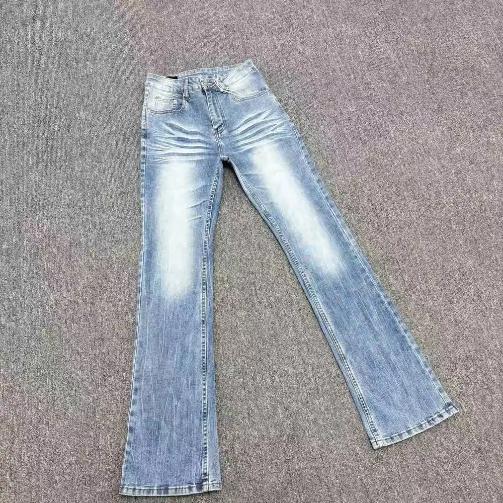 

American High Street Washed Whiskers Light Blue Micro-Flared Jeans For Men And Women Retro High-Waist Fashion Slim Streetwear