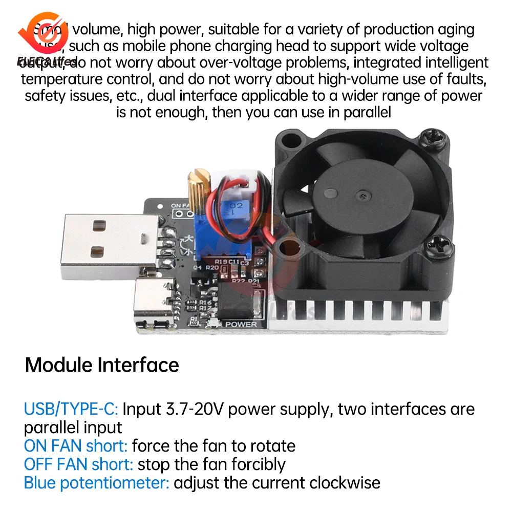 DC 3.7-20V 25W 3A Load Tester Electronic Load Test Resistor Module Usb/Type C Interface Adjustable Constant Current With Fan