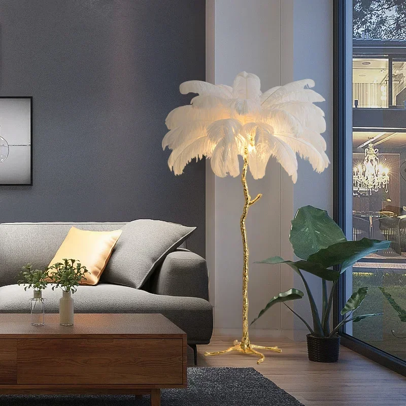 Nordic Ostrich Feather LED Floor Lamp, luzes de luxo para quarto, sala de estar, mesa princesa, design romântico