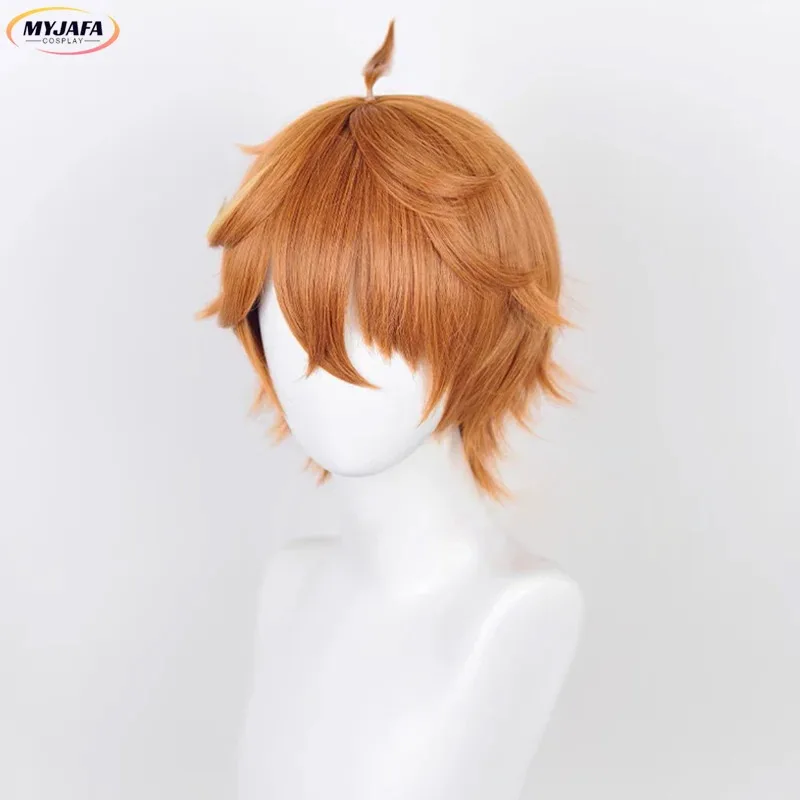 Genshin Impact Tartaglia Cosplay Wig Short Brown Heat Resistant Synthetic Hair Halloween Party Anime Cosplay Wigs + Wig Cap