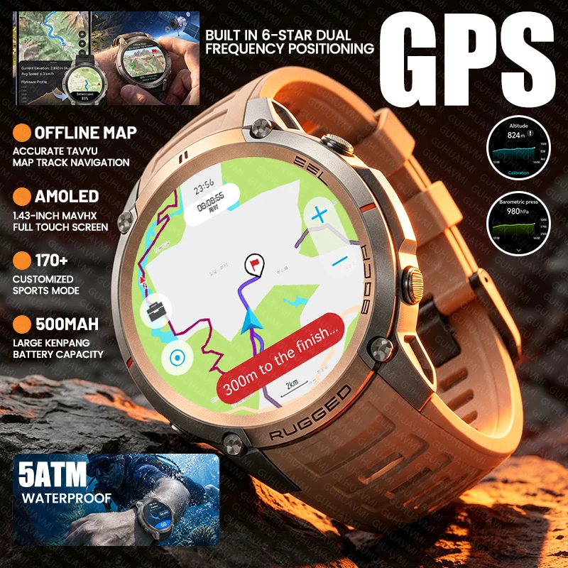 New Outdoor Precise GPS Smart Watch Map Navigation Compass 5ATM Waterproof 500mAh Battery 170+Sport Mode BT Call Men Smartwatch