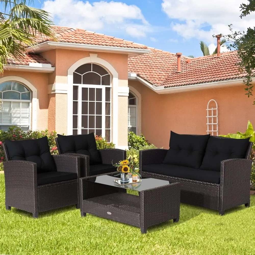 4-Piece Patio Furniture Set, Rattan Wicker Chair Set with 1 Loveseat, 2 Single Sofas, 1 Coffee Table with Tempered Glass Top